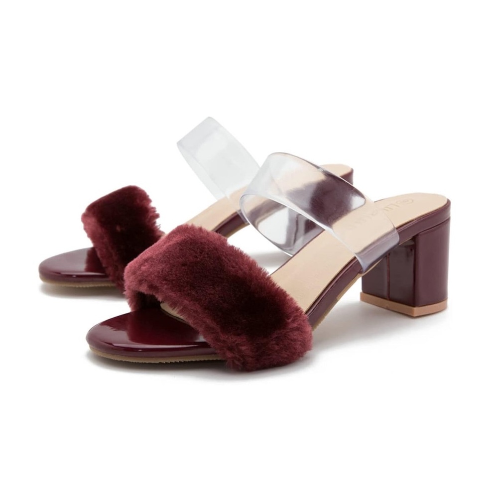 Burgundy Fluffy Fur Block Heel Slide Slippers - Size 8